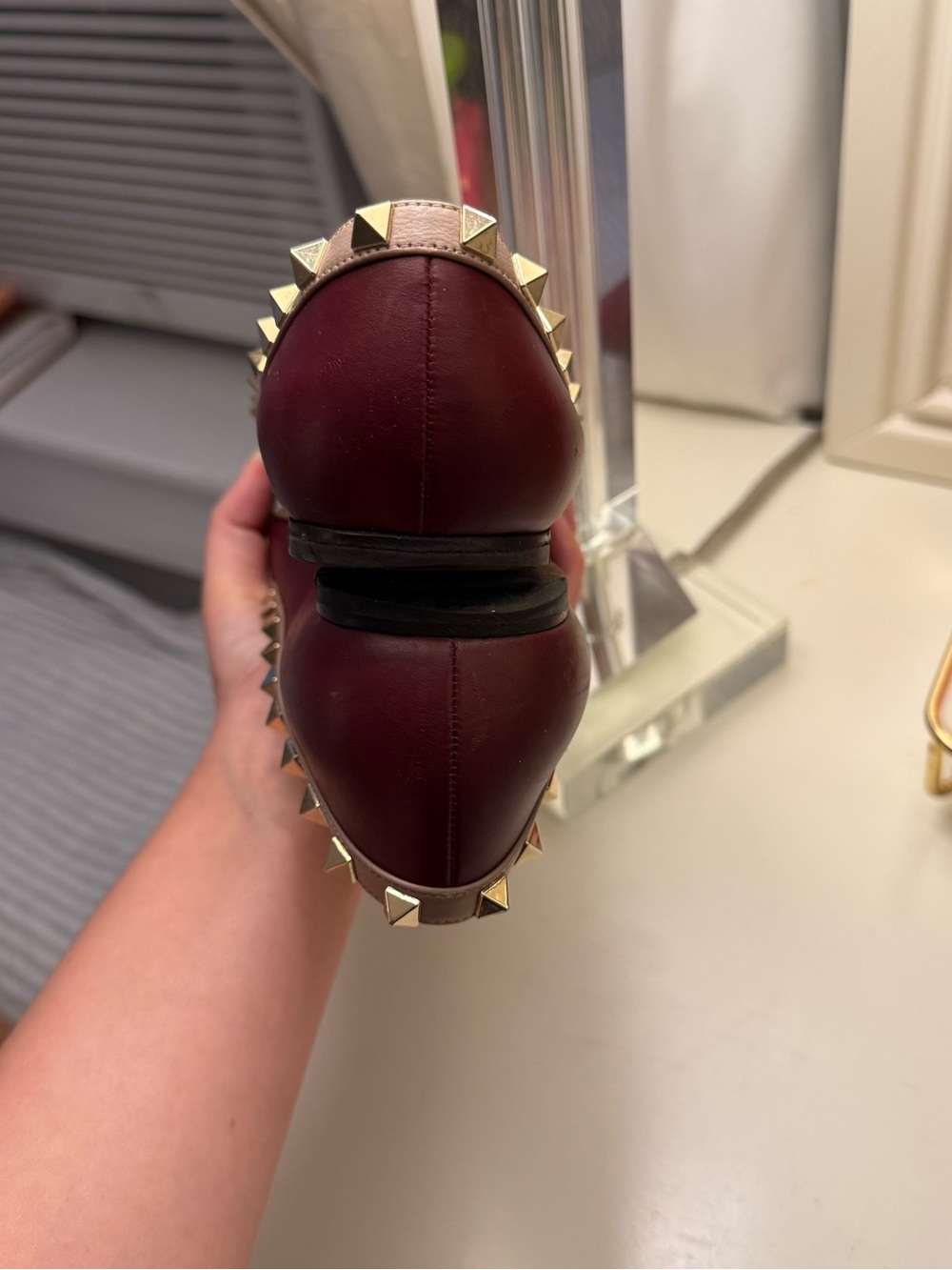 Valentino Burgundy Pointed Rockstud Leather Flats - Picture 7 of 8